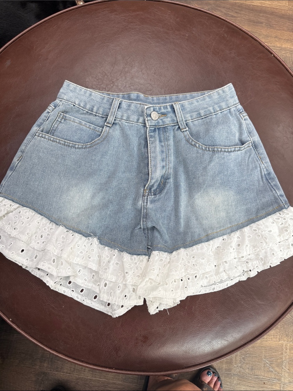 Light Wash Denim Shorts with White Eyelet Ruffle